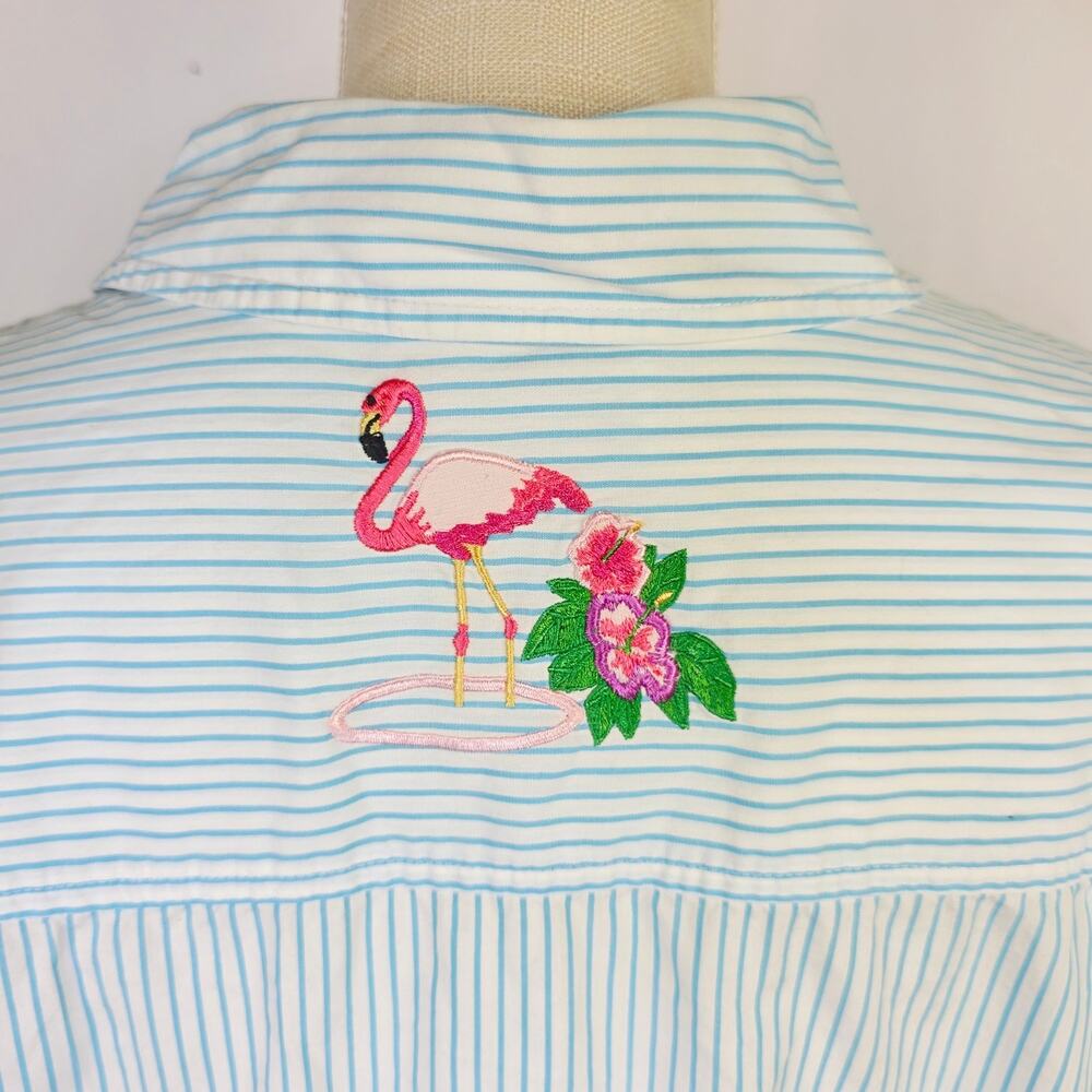Bechamel Petite Blouse Button Up Medium Blue Stripe Flamingo Embroidery Tropical - Picture 4 of 11